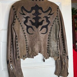Leather Moto Jacket XS Tribal Appliqué Lace-Up Distressed- Jaded by Knight